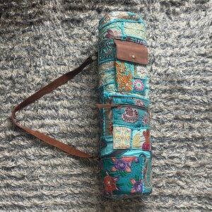 Embroidered Turquoise Patchwork Yoga Mat Bag with Brown Leather Strap & Pocket
